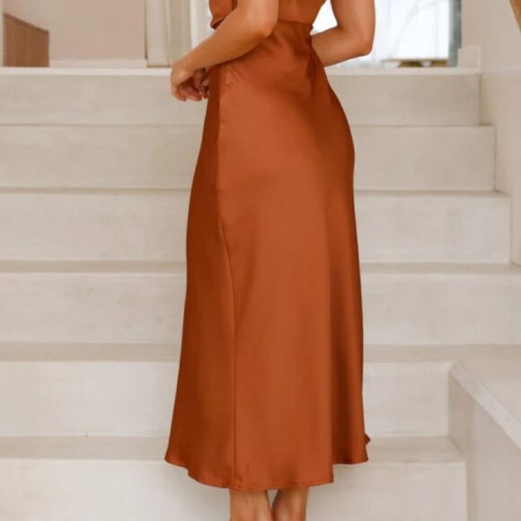 Satin Asymmetrical Midi Dress | New Sleeveless Sheath Dress w/ Cowl Neck - Picture 9 of 9